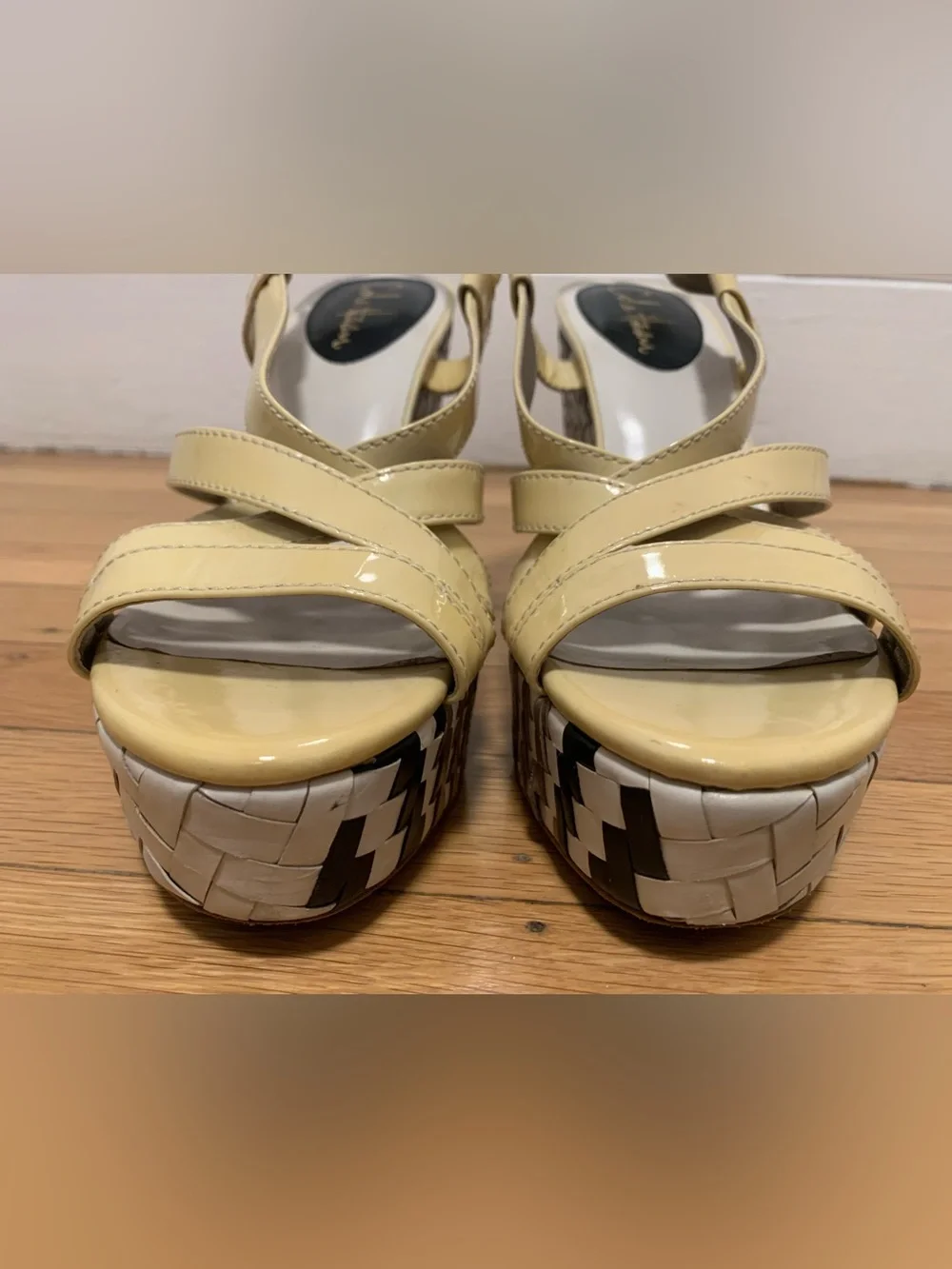 EUC Cole Haan Multi Black/White Woven Hi Wedge Platform Yellow Sandals Size 8.5M